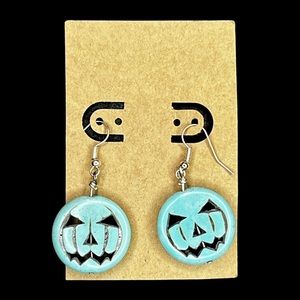 Halloween Aqua Turquoise Color Stone Jack O Lantern Pumpkin Dangle Earrings 2”